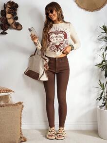 EMERY ROSE Quần Jeans Túi Nút Màu Trơn Đơn Giản Thường Ngày Cho Nữ - Cà phê nâu - Xem 2