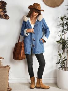 EMERY ROSE Women's Casual Denim Jacket With Fur Collar And Horn Buttons, Autumn/Winter - Blue - View 6