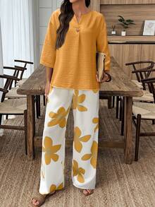 EMERY ROSE 女式复古优雅图案七分袖上衣和裤子套装 - 彩色 - 查看 5