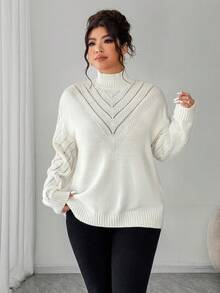 Elenzga 大码女式 V 领纯色套头毛衣，冬季 - 米色 - 查看 5