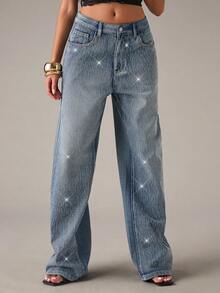 SHEIN BAE 女式休闲水洗水钻直筒牛仔裤 - 淺色水洗藍 - 查看 1