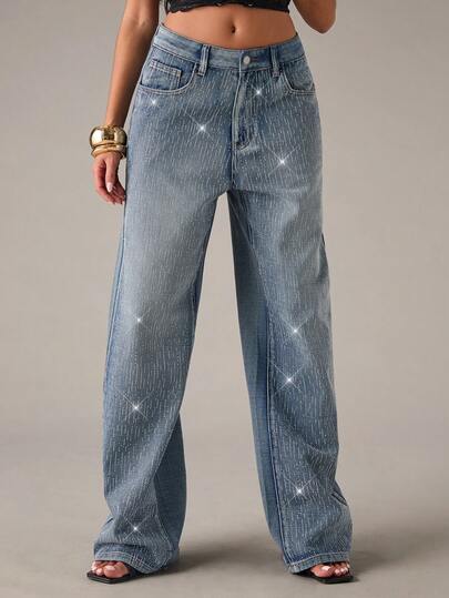 SHEIN BAE Jeans rectos de mujer con lavado y aplicaciones de rhinestones