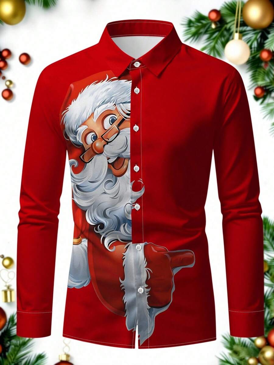 Manfinity Homme Herren Feiertagsthema Santa Muster Langarmhemd, festliche Saison formales Knopfdesign Oberteil, lustiges Cartoon-Muster Slim Fit Hemd, Party-Versammlungs-Essenzial Festivalgegenstand, modisches lässiges Santa Claus Muster Langarmhemd, Weihnachten - Verschiedenfarbig - Übersicht 1