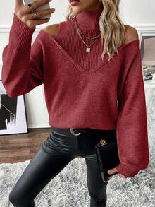 EMERY ROSE 女式纯色高领长袖落肩休闲宽松针织套头衫 - 酒紅色 - 查看 7