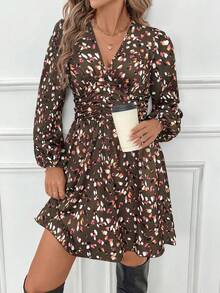 SHEIN Frenchy Váy dài tay cổ chữ V in họa tiết ngẫu nhiên dành cho nữ - Cà phê nâu - Xem 8