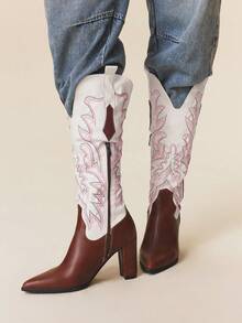 Styleloop Giày bốt cao đến đầu gối đế dày cho nữ, Giày bốt cao bồi miền Tây cá nhân hóa đa năng thời trang - Nhiều màu - Xem 2