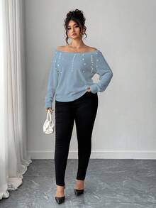 Elenzga Pearl Embellished Off-Shoulder Sweater, Combining Softness And Elegance - Blue - View 5