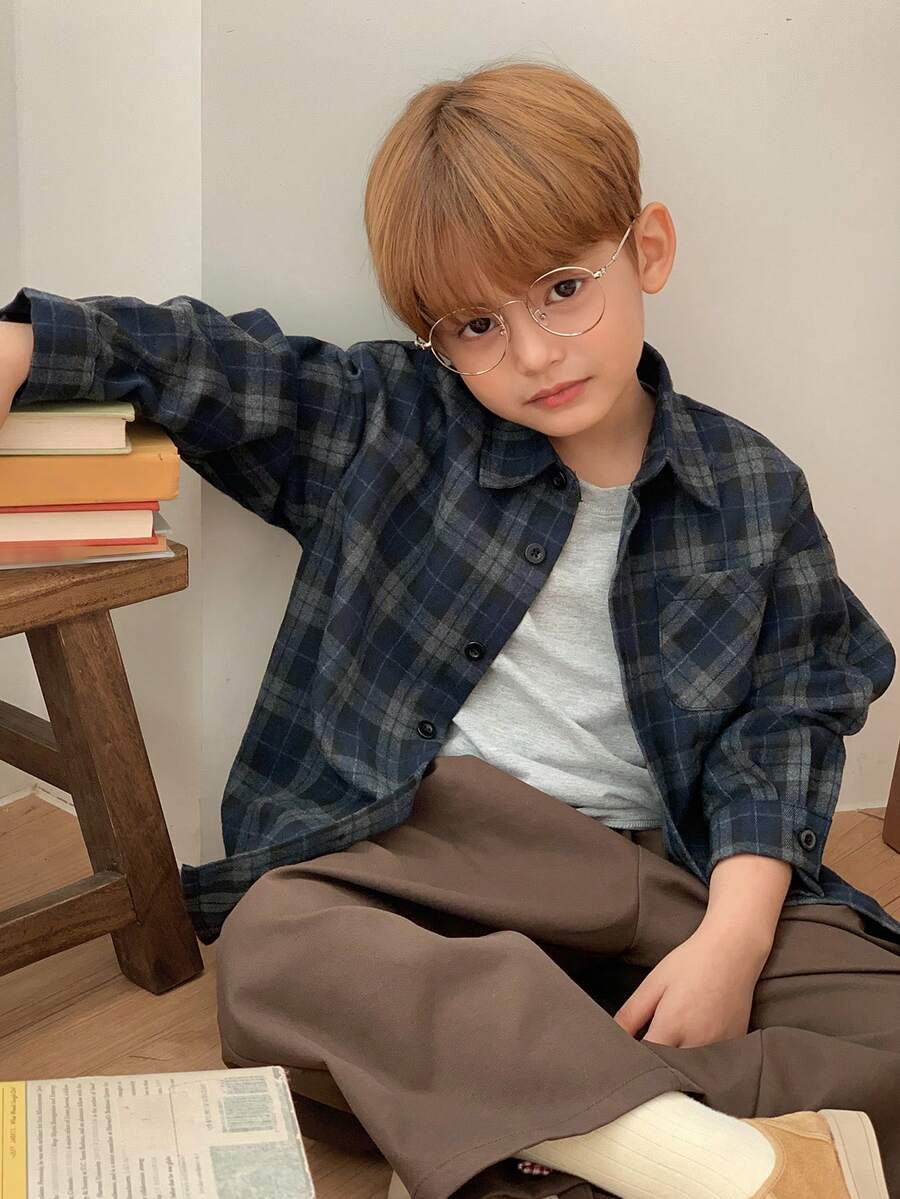 DAZY Young Boy Plaid Long Sleeve Single-Breasted Casual Loose Pocket Shirt