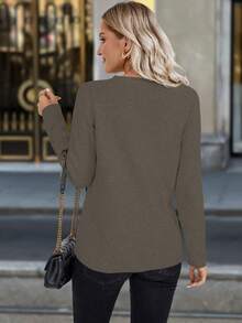 Chiquease 经典纽扣装饰休闲百搭圆领长袖毛衣 - Volcanic Gray - 查看 2