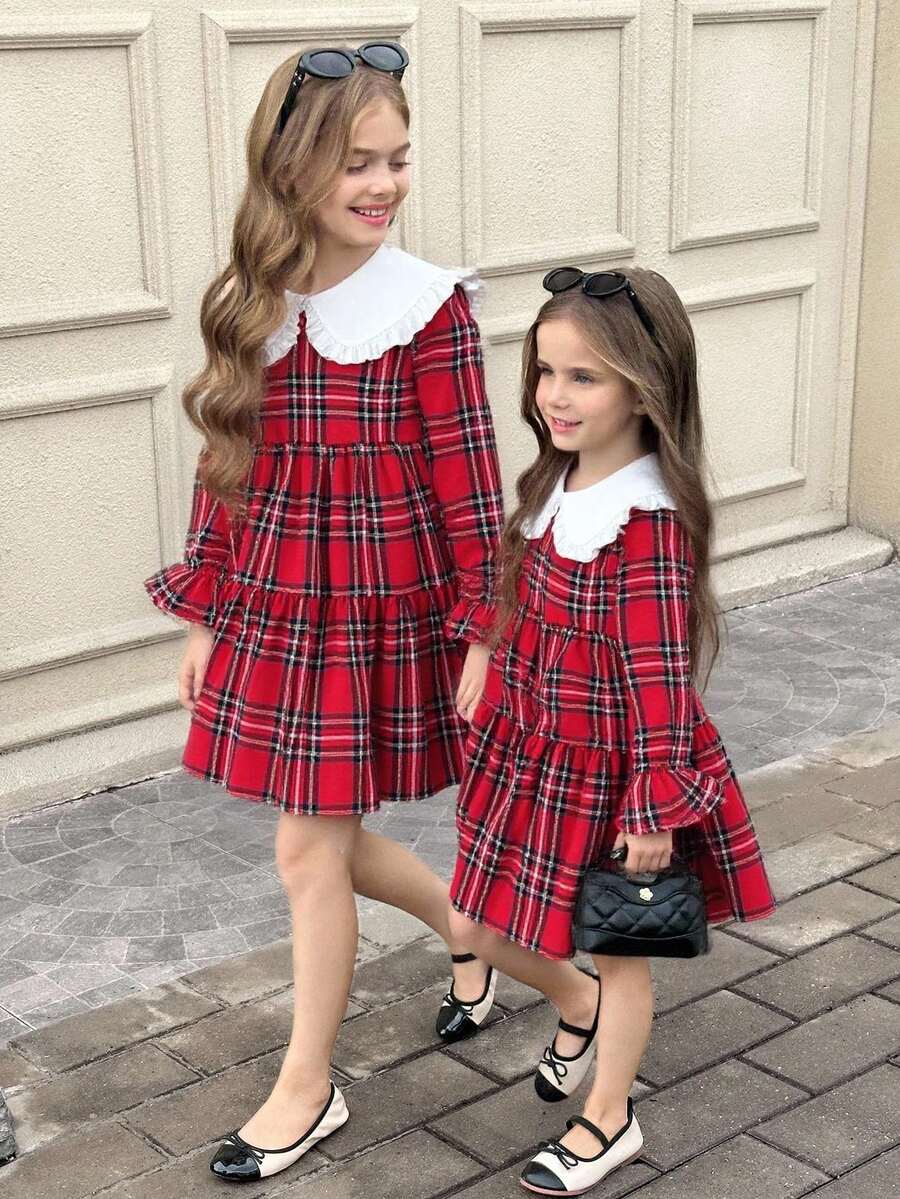 SHEIN 格子领宽松A字长袖连衣裙，圣诞格子连衣裙，姐妹裙 - 紅色 - 查看 1