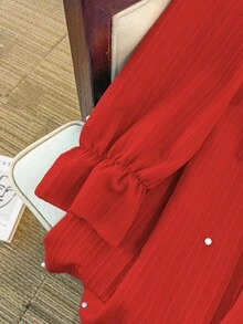 GlowEve CURVE 大码女式纯色系带长袖仿珍珠装饰优雅连衣裙 - 紅色 - 查看 3