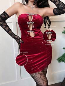 Rina Fox Women's Sexy Christmas Party Atmosphere Glitter Hollow Bow Bandeau Bodycon Mini Dress - Burgundy - View 3