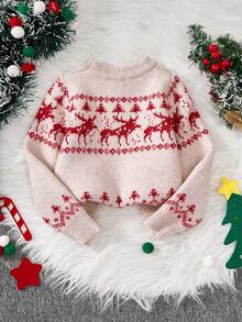 SHEIN Young Girl' Khaki Colored Fashionable Red Deer Pattern Crew Neck Long Sleeve Sweater Autumn Fall - Khaki - View 2