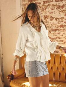 Aralina 荷叶边 V 领长袖前系带衬衫 - 米色 - 查看 6