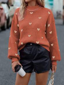 EMERY ROSE Heart Pattern Lantern Sleeve Sweater, Casual Autumn/Winter - Orange - View 5