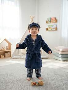 SHEIN 4pcs Baby Boy Plaid Shirt, Pants And Flannel Robe With Eye Mask Sleepwear Set Baby Boys Outfit Baby Boy Pajamas Baby Boy Flannel Baby Boy Winter Sets Baby Boy Bathrobe - Multicolor - View 3