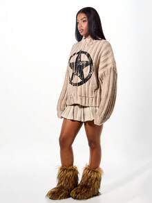 SUMWON WOMEN Áo khoác bomber dệt kim họa tiết ngôi sao cỡ lớn có họa tiết cũ kỹ, trang phục thường ngày mùa đông - Màu be - Xem 8