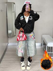 Coolane Women's Spring/Summer Couple Same Style/Couple Same Style/Basic/Going Out Knit Camo Thermal Lined Keep Warm Zip Up Green Baggy Long Sleeve Sweatshirt Autumn Winter Clothes For Women - Black - View 6