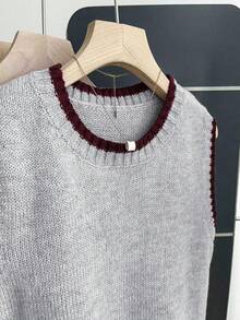 Franclia 女式休闲宽松圆领无袖针织撞色饰边卡其色毛衣上衣，春秋季 - 淺灰色 - 查看 3