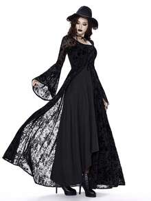 Breakform 女式哥特式纯色两件套连衣裙，可调节肩带，收腰，不对称下摆，包括 V 领带吊带裙和喇叭袖高开衩植绒花卉覆盖连衣裙 - 黑色 - 查看 6