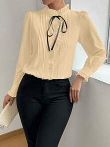 Rafferiza 女式长袖褶皱荷叶边系带衬衫，优雅的春秋季女式衬衫 - 杏色 - 查看 6