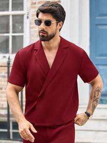 Manfinity VCAY 2pcs Men's Casual Loose Drop Shoulder Oblique Placket Short Sleeve Shirt Set - Red - View 5