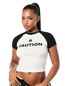 SUMWON WOMEN Áo thun tay ngắn Raglan cho bé có in hình họa tiết cảnh báo - Đen và trắng - Xem 5