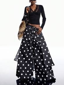 LYSMO 女士波尔卡圆点印花宽松阔腿复古时尚裤 - 黑與白 - 查看 7