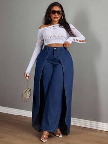 Slaydiva Quần ống đứng chắp vá denim màu xanh không co giãn phong cách cowgirl cỡ lớn mùa đông cho nữ - Rửa tối - Xem 4