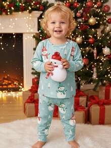 1set Baby Boy Christmas Snowman & Tree Print Snug Fit Crew Neck Long Sleeve Top And Pants Pajama Set Best Gift For Baby - Mint Blue - View 2