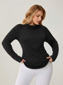 Auralis Athleisure Plus Size Women Half Zipper Long Sleeve Sports T-Shirt, Black T-Shirt For Women, Black Sweatshirts, Jogging Outfits, Women's Sportswear For Fall/Winter - Black - View 6