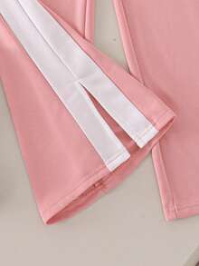 SHEIN Girls Autumn/Winter Casual White Long Sleeve Sweatshirt With Pink 3D Bow + Pink & White Contrast Color Pants Set, Sweet & Cute, Comfortable - Multicolor - View 6