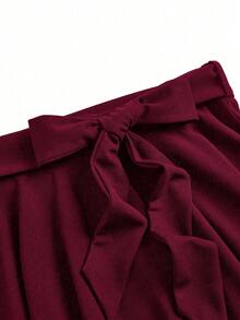 SHEIN Clasi 大码女式休闲纯色蝴蝶结A字裙 - 酒紅色 - 查看 5