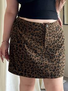Dazy Plus Leopard Print Mini A-Line Skirt With Elastic Waist, Corduroy Fabric, Autumn/Winter - Brown - View 4