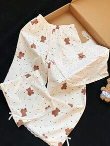 Comfortcana 2件套女士熊印花吊带背心上衣和裤子套装 - 杏色 - 查看 6