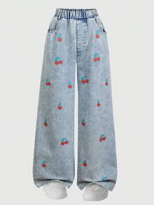 SHEIN Explorewe Tween Girl Girls' Casual Cute Cherry Print Loose Fit Jeans, Featuring Vivid Cherry Graphic With Green Stems Scattered On The Sides, Relaxed Silhouette Suitable For School Uniform, Christmas, Party, School, Vacation, Casual Wear - Blue - View 8