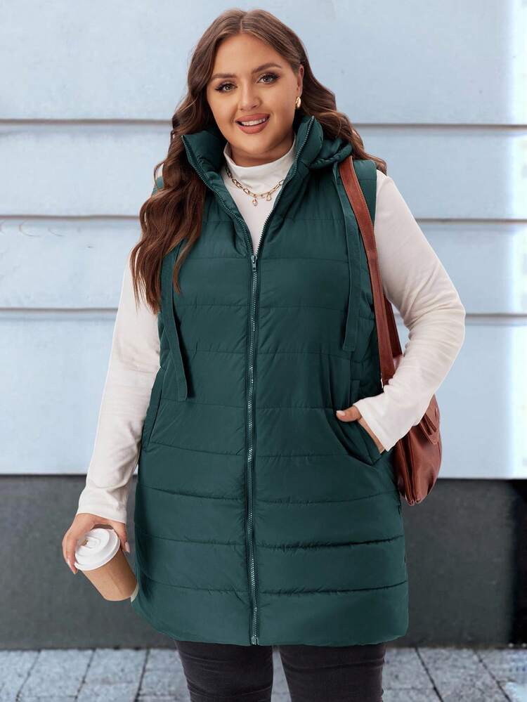 Plus Size Women's Winter Casual Dark Green Plain Hooded Padded Vest Jacket With Pockets/Winter, Plus Size Women Fall/Winter Casual Plain Hooded Padded Vest Jacket With Pockets, Autumn/Winter, Going Outs,2025 New ,Simple And Fashionable For Everyday Wear, Plus Size Winter , Christmas For Women ,New Year ,Thanksgiving For Women ,Quilted Jacket, Hooded Padded Coat, Outerwear Women, Winter For Women