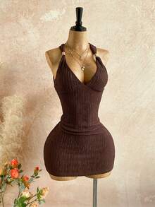 Soleia 女式夏季时尚扭纹后背纹理迷你连衣裙 - 棕色 - 查看 8