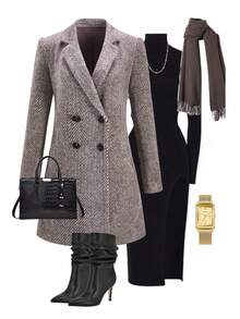 Ellevyn 女式人字形翻领长袖双排扣休闲大衣，秋冬 - 彩色 - 查看 1