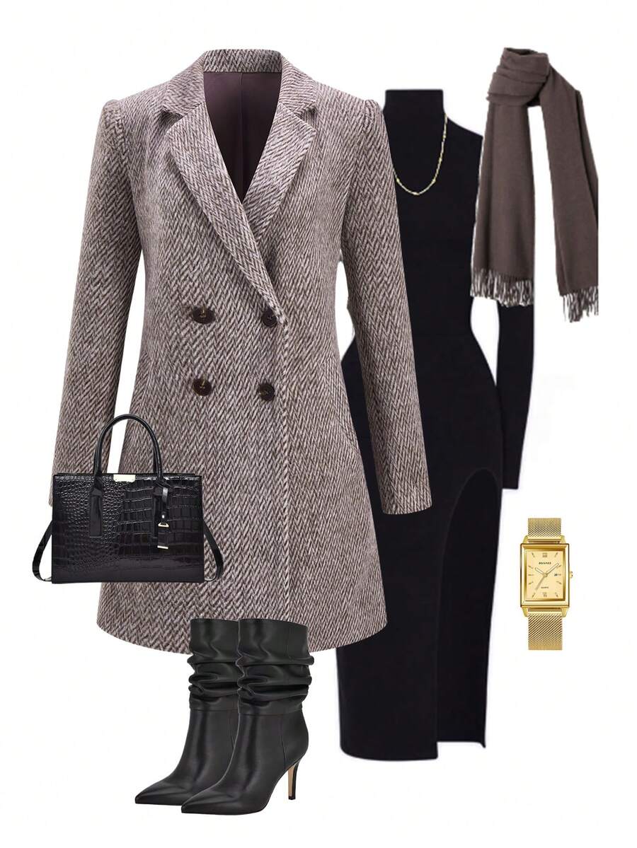 Ellevyn 女式人字形翻领长袖双排扣休闲大衣，秋冬 - 彩色 - 查看 1