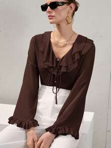 Aveloria Modichic 裸粉色女式雪纺层叠荷叶边下摆透明浪漫优雅性感休闲百搭长袖衬衫 - 咖啡棕 - 查看 6