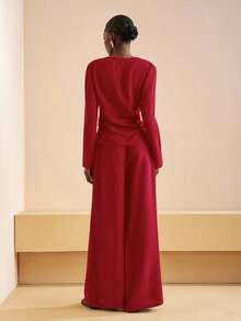 Zivah 2025秋冬新款通勤优雅休闲度假棕色不对称领褶皱长袖衬衫+高腰阔腿长裤女两件套，旅行、通勤、聚会、度假、复古风格、购物、宴会、优雅、派对、约会、休闲-A - 紅色 - 查看 2