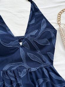 Soleia 女士度假棕色柳条纹理 V 领露背系带蝴蝶结开襟连体衣，适合海滩、音乐节、嬉皮士、派对、约会、下午茶 - 藏蓝色 - 查看 6