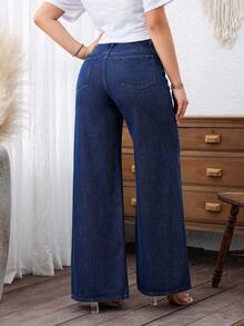 EMERY ROSE Plus Size Women Casual Pockets Loose Denim Wide Leg Pants Winter New Year - Dark Wash - View 2