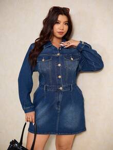 Elaquor 大码女式弹力修身牛仔休闲长袖短款牛仔连衣裙，初秋 - 深色水洗藍 - 查看 3