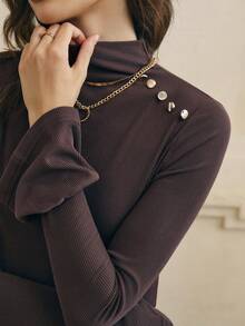 INAWLY Áo len dệt kim tay dài màu trơn cổ đứng cài nút cổ điển tay loe - màu nâu - Xem 4