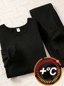 SHEIN 2 件套青少年女孩黑色保暖针织长袖上衣和打底裤打底衫套装，秋冬 - 黑色 - 查看 1