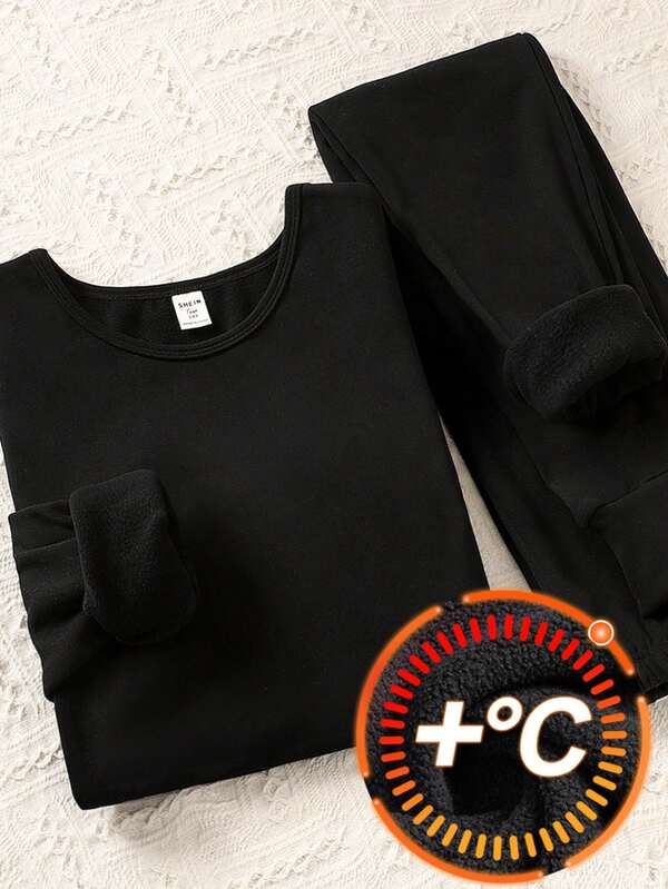 SHEIN 2 件套青少年女孩黑色保暖针织长袖上衣和打底裤打底衫套装，秋冬