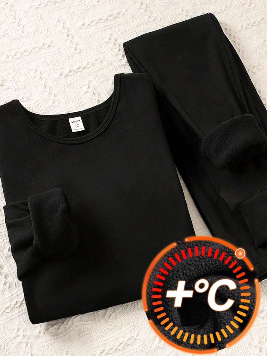 SHEIN 2 件套青少年女孩黑色保暖针织长袖上衣和打底裤打底衫套装，秋冬 - 黑色 - 查看 1