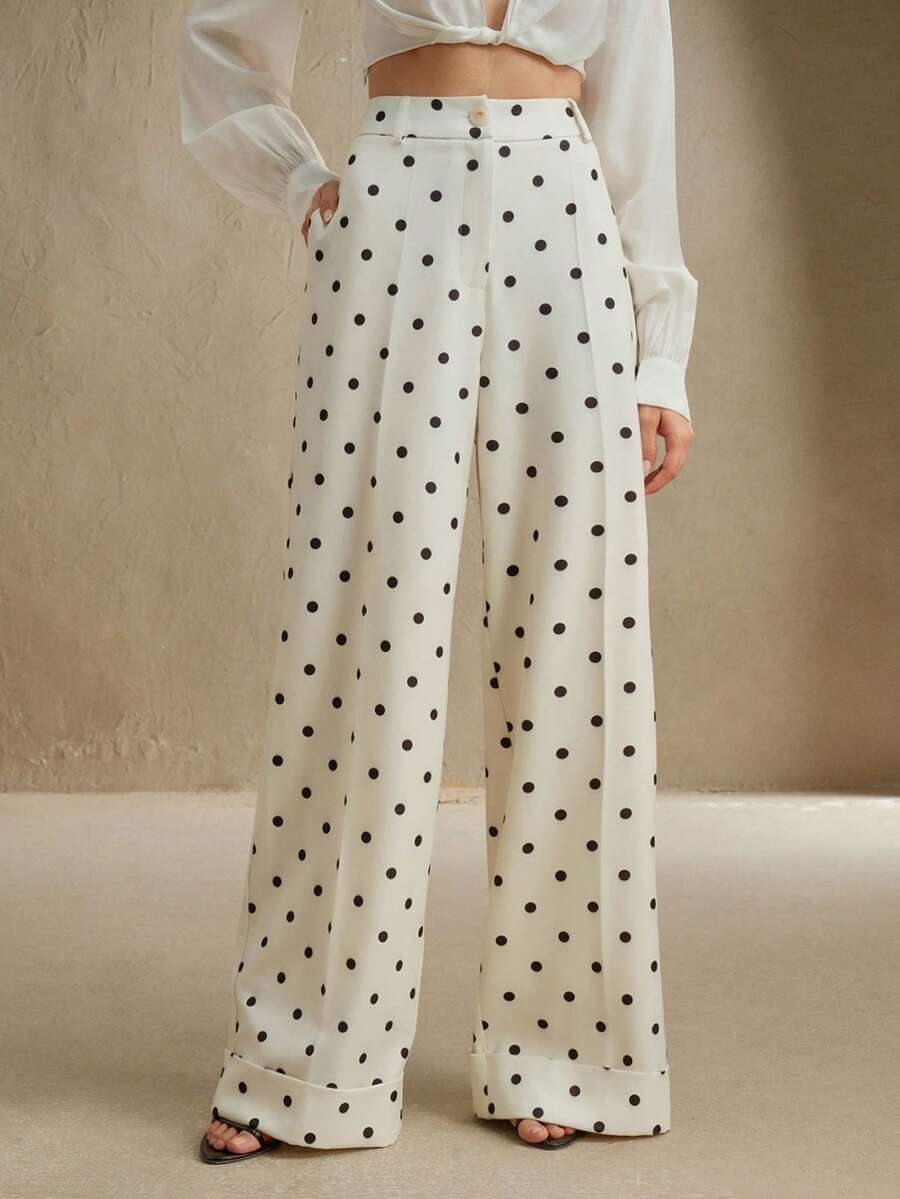 Anewsta Petite Quần tây nữ thanh lịch, nhỏ nhắn, chuyên nghiệp, màu mơ nhạt, họa tiết chấm bi đen, cạp cao, dáng suông, thích hợp cho việc đi làm. - Nhiều màu - Xem 1